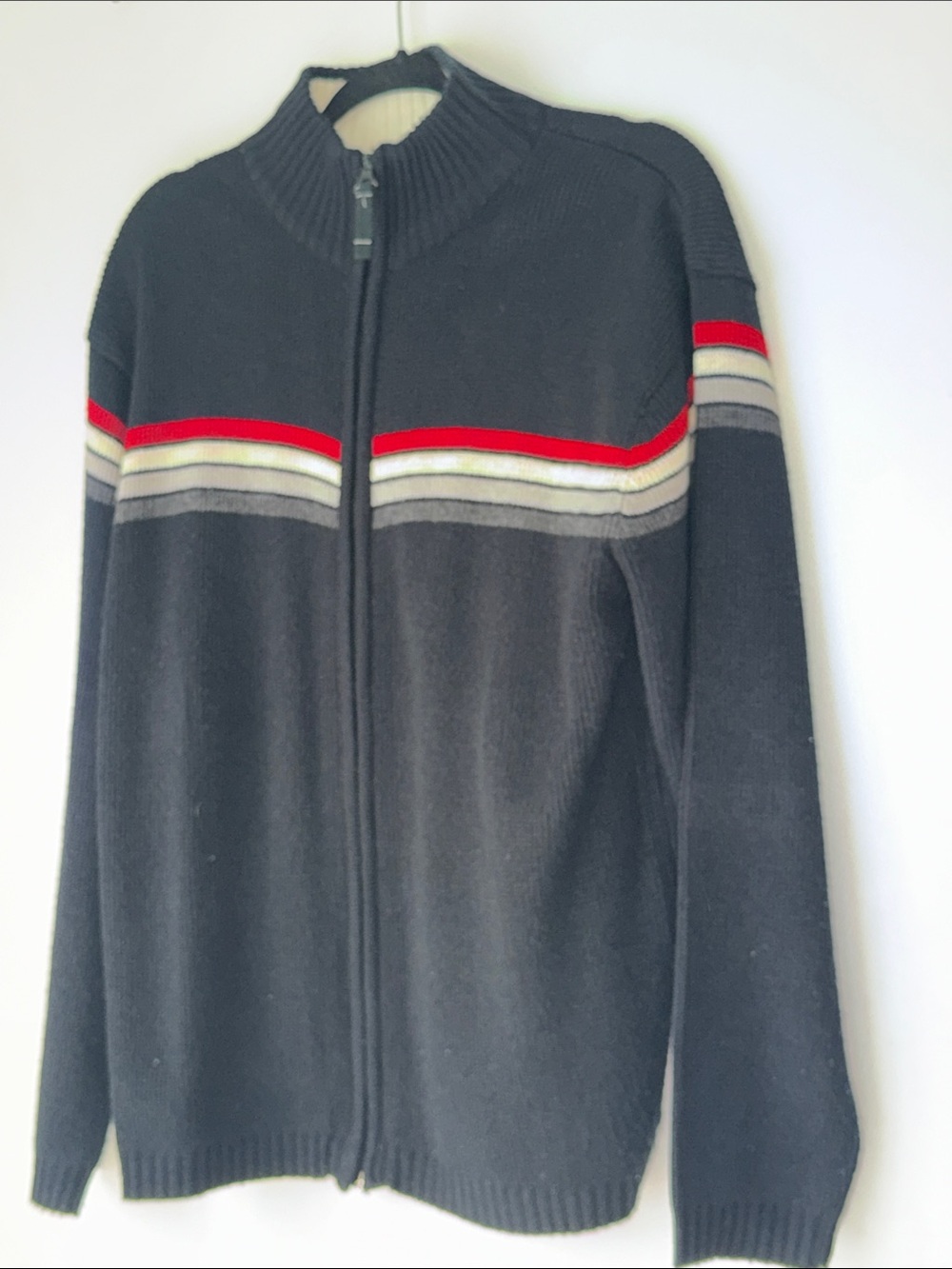 Vintage 90s modern culture Men's Black Zip-Up Sweater with Red and Gray Stripes